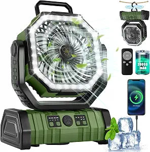 Camping Fan Rechargeable, F6 Portable Oscillating Outdoor Fan ,20000mAh Battery Powered Operated (138Hrs) with Light& Hanging Hook,Timer, 4 Speeds Tent Fan for RV, Jobsite , Power Outage (Green)