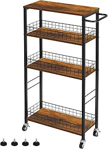 YBING Slim Storage Cart 4 Tier Narrow Kitchen Rolling Cart with Wooden Tabletop Mobile Utility Stand on Wheels for Bathroom Laundry Narrow Places Rustic Brown 16.5''L X 7.3''W X 34.6''H