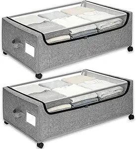 Under Bed Storage with Wheels, 2-Pack Under the Bed Storage Containers with Clear Lids & Label, Underbed Storage Bins, XXXL 85L 11 inches Rolling Metal Drawer for Clothes, Shoes, Toys, Books - Gray