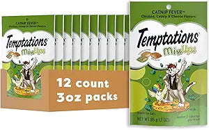 Temptations Cat Treats, Classic Crunchy and Soft Cat Treats, Catnip Fever Flavor, Catnip Treats, 3 oz. Pouch (Pack of 12)