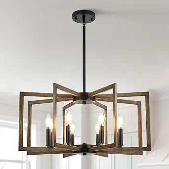 8-Light Metal Geometric ChandelierLarge Kitchen Pendant Lighting Over IslandFarmhouse Dining Room Light FixtureWood Grain Finish and Black Modern Chandelier