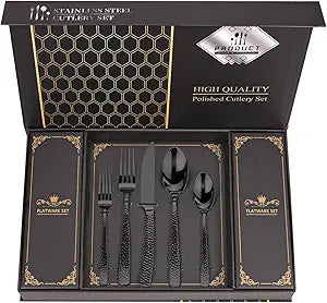 Hammered Black Silverware Set With Gift Box For 8 Cutlery Set Utensils Stainless Steel Flatware 40 Pieces MIKIWAY Luxury Kitchen Tableware Set For Gifts Festive, Dishwasher Safe, Mirror Polishing