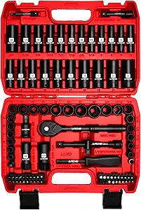 LLNDEI 3/8Drive Impact Socket Set,Standard SAE(5/16 to 3/4-Inch) Metric Size(8-22mm), 95 Piece, CR-V Steel Deep&Shallow Kit, Adapters, Ratchet Handle, Screwdriver Bit Set, Spark Plug Socket, 6 Point
