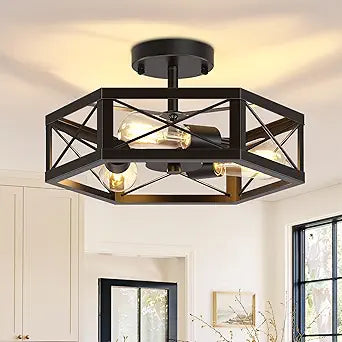 3-Light Kitchen Lighting Fixtures Ceiling Mount, Black Semi Flush Mount Ceiling Light for Dining Room Light Fixture, Farmhouse Close to Ceiling Lights with Hexagon Cage for Bedroom Hallway