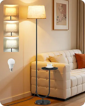 Floor Lamp with Side Table, Standing Lamp for Living Room with Tray, Pull-Chain Switch, for Living Room, Bedroom, 3 Color Temperatures, 9W LED Bulb Included, Black and Beige BE21LD05