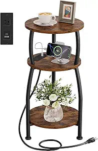 Round Side Table with Power Outlet & USB Ports, 3-Tier End Table with Storage Shelf, Modern Rustic Nightstand, Small Spaces Accent Table for Living Room Bedroom, Easy Assembly, Rustic Brown