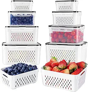 Freshmage Fruit Storage Containers for Fridge with Removable Colander, Airtight Food Storage Container, Dishwasher Safe Produce Saver for Refrigerator, Keep Berry Fruit Fresh Longer 8 pcs Small Clear