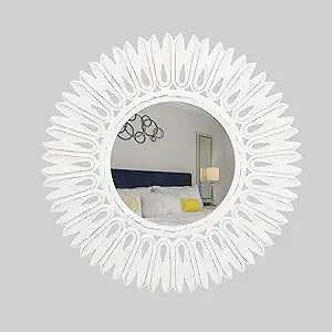 Decorative Round Wall Mirror - 24 Inch Antique White Carved MDF Wood Frame, Vintage Rustic Home Dcor Accent for Living Room, Bedroom, Entryway, Hallway & Farmhouse Style Spaces