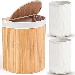 Gueevin Half Moon Bamboo Laundry Hamper with Lid and 2 Removable Washable Liners Space Saving Corner Washing Clothes Basket Storage Bin for Bathroom Laundry Room
