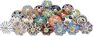 FOLK CRAFT Kitchen Cabinet Knobs - Pack of 30 - Indian Countryside Colorful Assorted Ceramic Drawer Pull Handle Dresser Cupboard Wardrobe Knob Boho Room Interior Decor - Multicolor