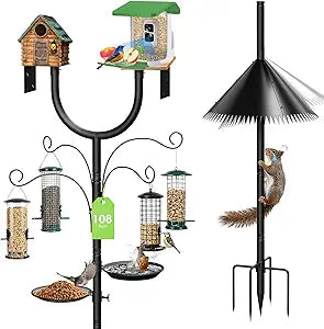 Bird Feeder Pole Squirrel Proof,Adjustable 47"-108" Heavy Duty Bird House Pole,Upgraded U-Shape Platform,4 Shepherd Hooks for Feeder Stand,Includes Birdbath,Tray for Outdoor Garden & Yard