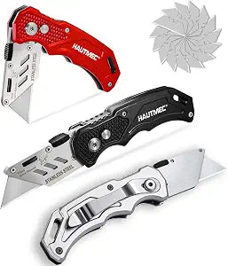 HAUTMEC 3-Pack Folding Utility Knife, Heavy-Duty Aluminum Box Cutter with Quick-Change Blades & Lock-Back Safety Design, Ergonomic Streamlined Grip Includes 15 Extra SK5 Blades, HT0429