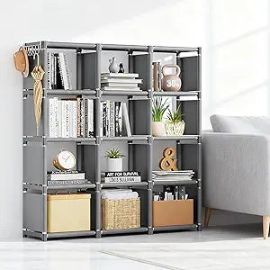 12-Compartment Storage Rack  Tool-Free Assembly, Suitable for bedrooms, Closets, and Small Spaces; a Great Helper for organizing Children's Clothes and Nurseries. (GREY-12)