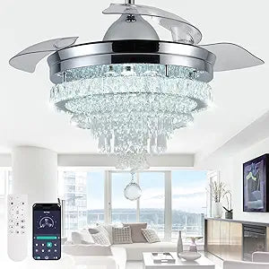 LEONTYNE 42" Modern Crystal Chandelier Ceiling Fan with Light & Remote,Dimmable LED Fandelier for Bedroom Living Room,3 Color Temperatures,6 Speeds,Retractable Blades,Timing & Memory Function