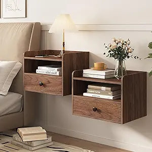 Floating Nightstand Set of 2 Modern Night Stands with Drawer and Open Shelf Cubby Small Bedside End Table with Charging Station Wall Mounted Nightstands Set 2 for Bedroom Brown Walnut