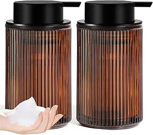 KASUNTING Amber Glass Foaming Soap Dispenser, Ribbed Foam Hand Soap Dispenser for Bathroom, 11 Fl Oz 2 Pack Refillable Foaming Pump Bottle with Black Pump, Modern Dish Soap Foam Dispenser