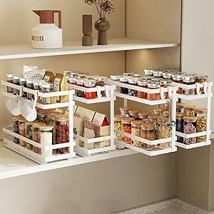 Magheo Pull Out Spice Rack Organizer for Cabinet, 4 Pack Metal Seasoning Organizer Slide Out Spice Storage Shelf No Assembly Vertical Spice Rack Pullout for Kitchen & Bahthroom No Drill(2 Tier,White)