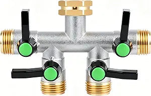 Love Is War 4 Way Garden Hose Splitter, 3/4" GHT Thread Heavy Duty Brass Faucet Splitter with 4 Independent Shut-Off Valves, Outdoor Water Connector for Lawn Irrigation