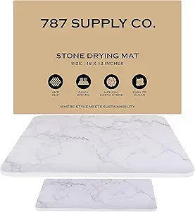 J.B Large Stone Drying Mat for Kitchen Counter - Quick Dry Stone Mat with Sink Caddy, Ultra Absorbent Dish Drying Stone for Kitchen Counter and Bathrooms, 16 x 12 Inch (Light Gray/White Marble Finish)