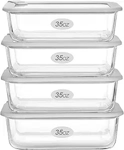 Glass Food Containers with Glass Lid, Microwave Safe Food Storage Container Set, 4 Pack of 35oz, Large Size Airtight Storage Set with Leak Proof Lids, Meal Prep Containers