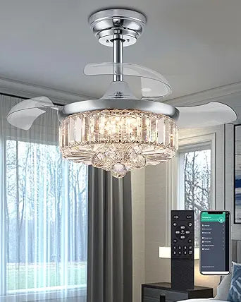 30 Inch Crystal Fandelier Ceiling Fan with Light Dimmable Chandelier Ceiling Fans with Lights for Living Room Bedroom,Chrome