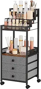 Display Riser Stand Perfume Cologne Organizer, 13in Rolling Makeup Storage Cart with Fabric Drawers, Floor Vanity Cosmetics Display Cases for Skin Care Nail Polish Figures Rustic Brown
