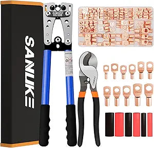 Sanuke Battery Cable Lug Crimping Tool Kit for AWG 10, 8, 6, 4, 2, 1/0 Electrical Ring Terminals, Battery Cable Crimper with 100pcs Copper Wire Lugs & Heat Shrink Tubing and Bag