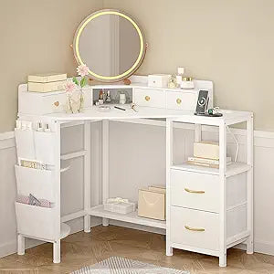 Espelism Corner Vanity Desk with Charging Station, 49.6" Makeup Table with Fabric Drawers & Side Pocket, Space-Saving Dressing Table for Small Space Bedroom Dorm(White)