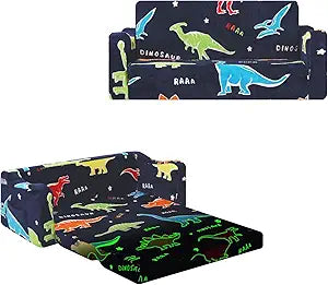 Kids Couch Extra Large,Glow in the Dark 2-in-1 Folding Kids Sofa Bed for Boys,2 Seats Convertible Sleeper Lounger Toddler Couch for Children Bedroom Playroom Nursery,Dinosaur