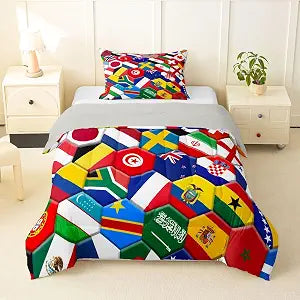 Feelyou International Flags Comforter Set All Season World Countries Bedding Set with 1 Pillow Cases Soccer Sports Game Kids Twin Bedclothes Bedroom Decor Duvet Quilt Breathable Soft Lightweight