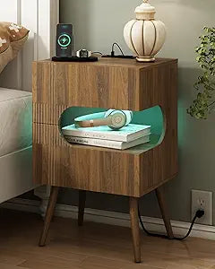 JOONEE Nightstand with Charging Station and LED Lights,Modern Bedside Table with 2 Storage Drawer,Night Stand with Solid Wood Legs,White (Walnut Brown)