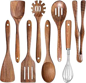 8 Pcs Wooden Kitchen Utensils Set, Natural Acacia Wood Utensils Set for Cooking, Durable Easy Clean Wooden Utensil Set with Acacia Wooden Spatulas and Spoons for Nonstick Cookware