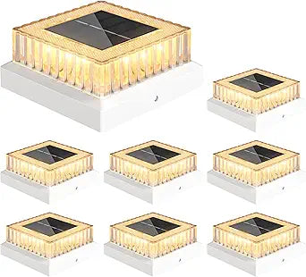 VOLISUN Solar Fence Post Cap Lights Outdoor, 4x4 Solar Post Cap Lights for Fence Posts Solar Powered Deck Post Lights for Outside, IP64 Waterproof Warm Light with Vertical Stripe Lens (8 Pack White)