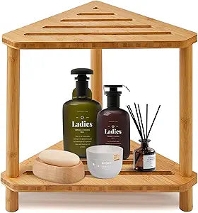 Bamboo Corner Shower Stool,2-Tier Waterproof Shower Stool for Inside Shower Shaving Leg,Small Spaces,Shower Foot Rest with Storage Shelf,Shower Bench,Bath Seat,Corner Nightstand gift for women mom
