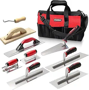 9 Pcs Masonry Hand Tool Set Concrete Trowel Set Includes Large Flat Finishing Wood Float Concrete Edger and Groover Wire Twister Margin Gauging in a Tools Bag