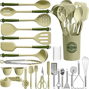 Kikcoin 43Pcs Kitchen Utensils Set - Silicone Cooking Utensil Set, Dishwasher Safe Spatula for Non-stick Cookware, 446F Heat Resistant Kitchen Gadgets with Holder BPA Free, Avocado Green