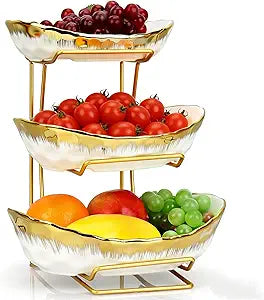 3 Tier Fruit Bowl for Kitchen Counter, Gold Trim Ceramic Fruit Stand Basket for Countertop, Fruit Rack with Thickened Metal Holder, Vegetable Bowl Dessert Nuts Bread Candy Storage (Gold Trim)