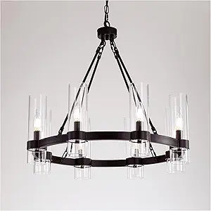 26 Inch Black Wagon Wheel Chandelier with Glass Shade, 8 Lights, Modern Farmhouse Style, Ideal for Dining Room, Kitchen, Entryways