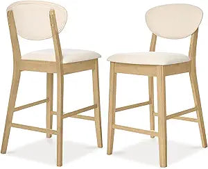 Best Choice Products Set of 2 Counter-Height Bar Stools, Mid-Century Modern, Armless Wood Stools W/Upholstered Seat Cushion & Backrest for Kitchen Island or Dining Room Bar - Oak/Cream