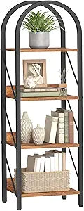 HOOBRO Bookshelf, 4-Tier Arched Bookshelf, Industrial Bookcase with Metal Frame, Small Book Shelf Storage Organizer for Living Room, Office, Bedroom, Rustic Brown and Black BF424SJ01