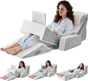 9PCS Wedge Pillow Set for After Surgery Recovery, Adjustable Memory Foam Neck Pillow, Foam Leg Pillow, Relieves Neck, Leg Pain, Sleep Apnea, and Functions as a Reading Pillow, Gray