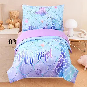 ZRNBAST Mermaid Toddler Comforter Set - 4 Pcs Aqua Blue Purple Gradient Glitter Fish Scale Toddler Bedding Set for Girls Soft Breathable Toddler Bed Sheet Set for Kids