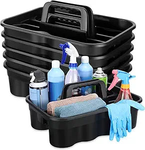 Wesiti 6 Pcs Cleaning Caddy with Handle Large Plastic Housekeeping Shower Basket Cleaning Supplies Organizer for Spray Bottles Brush Home Bathroom Office(Black)
