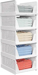 5 Pack Stackable Closet Storage Basket - Stackable Storage Bins, Multifunctional & Foldable Closet Organizer Waterproof, Wardrobe Cupboard Space-Saving Hat Storage Drawer Organizer, White