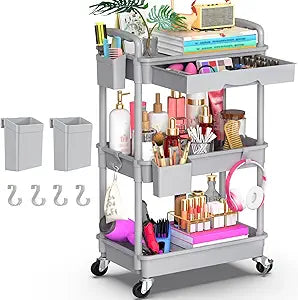 Goovilla 3 Tier Rolling Utility Cart Organizer with Removable Drawer, Stable and Sturdy Grey Rolling Storage Carts with 2 Lockable Wheels for Bathroom, Kitchen, Snack, Craft, Makeup, Baby Essentials