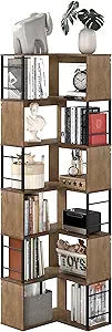 7 Tier L Shaped Corner Bookshelf, 74" Tall Metal Wood Bookcase with Anti-Tipping, Freestanding Display Storage Book Shelf, 77Lbs Per Shelf for Home Office Living Room Bedroom (Brown)