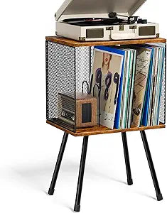 X-cosrack Record Player Stand with Storage up to 100 Albums, Retro Small Vinyl Record Holder - Adjustable Divider, Book/LP Record Storage and Organizer Vinyl Table for Living Room, Bedroom