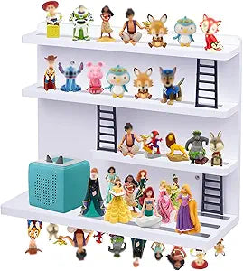 for Tonie Shelf Magnetic,for Tonie Storage Wall, Holds 50+ Characters Creative Magnetic Top & Back,Pinewood Floating Shelves for Wall,Dedicated Charging Slot for Tonebox,4 Tier  White Color