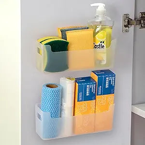 2 Pcs Kitchen Cabinet Door Organizer,Adhesive Mount Inside Cabinet Door Storage,Under Sink Door Storage Shelf for Kitchen,Bathroom,Office,Garage,Craft Room(Transparent)