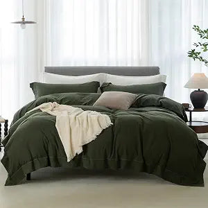 Oversized King Duvet Cover - 3 Piece 100% Washed Cotton Linen Feel Bedding Set, All Season Breathable Cozy, Double Stitched Hem, Hemmed Olive Green,120"x98"